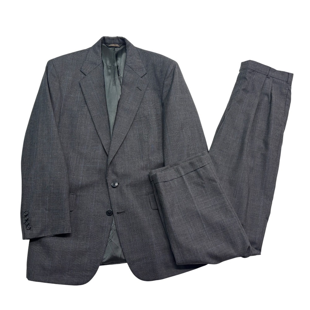 vtg 90s USA Made 44R 35x33 Gray Glen Plaid 2pc Pant Suit Pleated High Waisted